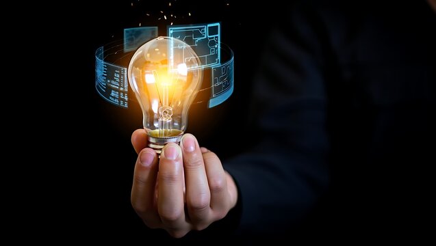 Hand holding light bulb with futuristic digital screen concept of innovation