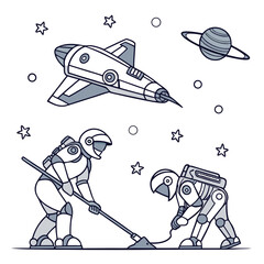 Two cartoon astronauts in space suits working on a planet surface with a spaceship and saturn in the background surrounded by stars and circles © Logo