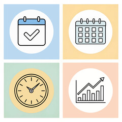 Four simple outline icons calendar clock graph and checkmark on pastel backgrounds