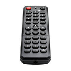 Black flat rectangular remote control with numbered keypad
