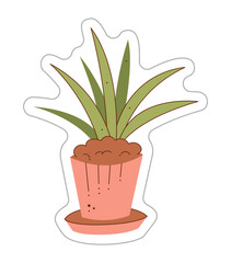 Sticker with a plant in a pot. Color hand drawn clipart illustration.