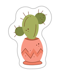 Sticker with a cactus in a pot. Color hand drawn clipart illustration.