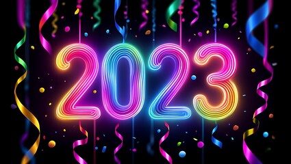 Happy New Year 2023 celebration with colorful ribbons and confetti