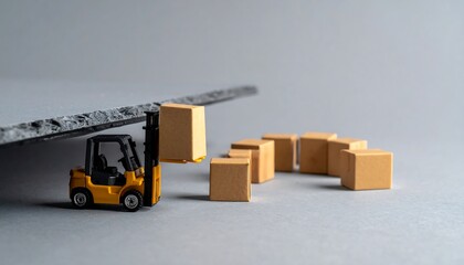 Close-up studio shot of a miniature forklift unloading cardboard boxes, depicting Cyber Monday home shopping against a neutral gray background with a calm and efficient