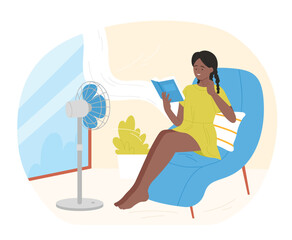Cartoon isolated hot summer scene with woman. Happy dark skin girl icooling at electric ventilator blowing, sitting at home, reading book and relaxing vector illustration