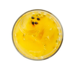 Tasty passion fruit drink isolated on white, top view
