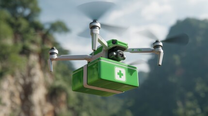Medical delivery drone flying over forested landscape