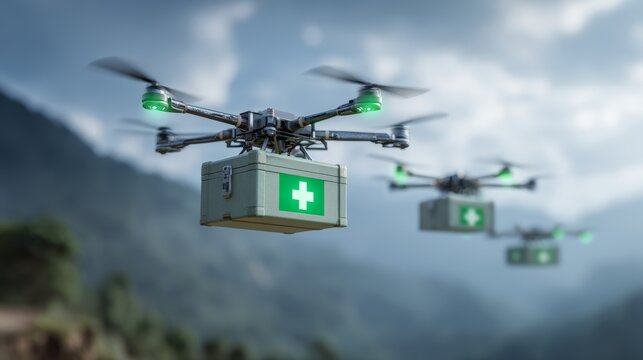 Drones delivering medical supplies in mountainous area on cloudy day - Powered by Adobe
