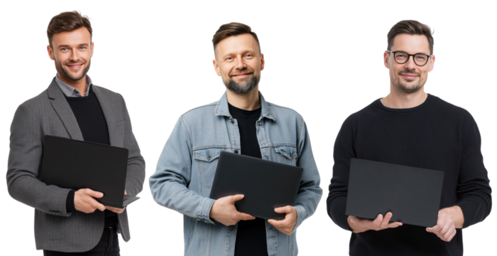 Group of business people holding laptops isolated on white or transparent background - business and technology concept