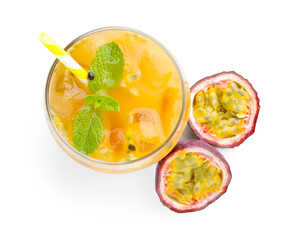 Tasty passion fruit drink with mint and fresh fruits isolated on white, top view