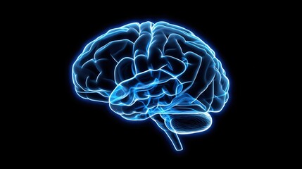 Glowing Human Brain in Blue Light on Black Background