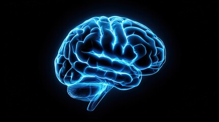 Neon Blue Brain Illustration on Black Background