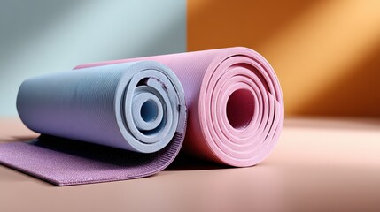 Rolled Yoga Mats on Colorful Background