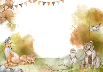 Watercolor Woodland card with foxes, bear and hare in autumn forest background. Illustration of template with forest animals for baby shower greeting cards, childish invitations and nursery posters.