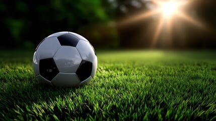 Fototapeta premium Classic Soccer Ball on Grass Field at Sunset