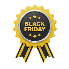 3D Black Friday Sale Badge with Ribbon and Stars. Special Offer, Shopping, and Promotional Marketing Symbol.
