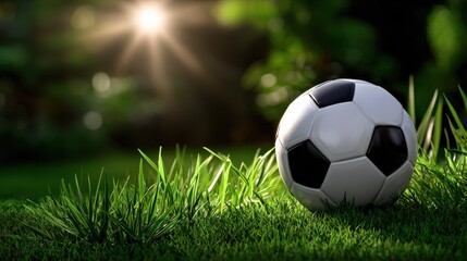 Soccer Ball on Grass Field with Sunlight in Background