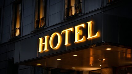 Illuminated hotel sign on urban building exterior at night