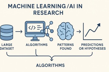 Machine learning and artificial intelligence research process illustration explaining how machine