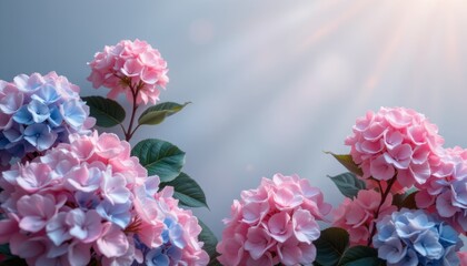 Fototapeta premium Pink and Blue Hydrangea Flowers in Sunlight