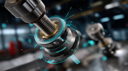 Drone close-up orbit of giant bolts and mechanical joints with digital overlay.