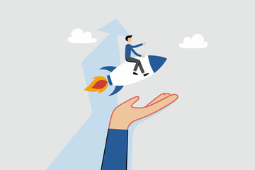 Venture capital to funding startup company, businessman riding launching company rocket in supporter hand © vector