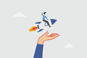 Venture capital to funding startup company, businessman riding launching company rocket in supporter hand © vector