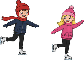 Happy kids ice skating in winter, boy and girl wearing warm clothes, outdoor fun activity, children enjoying snow season illustration