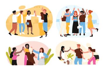 Happy business people give high five set vector illustration. Cartoon scenes with teams of employees in office workplace, colleagues celebrate success teamwork and project, victory and achievement