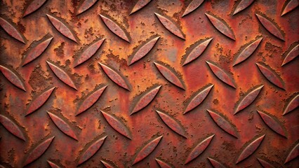 Close-up of corroded rusty metal diamond plate texture with weathered patina and rich colors