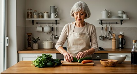 Senior woman cooking healthy meal in modern kitchen, healthy lifestyle choice