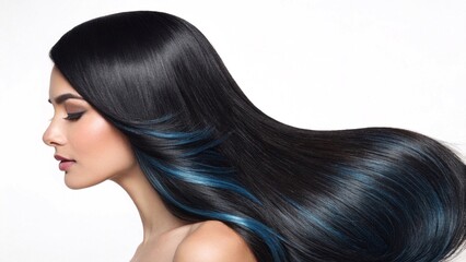 Naklejka premium Woman with sleek black hair and blue highlights Profile of a woman with long, smooth black hair featuring vibrant blue streaks, showcasing modern beauty, style, and elegance. 