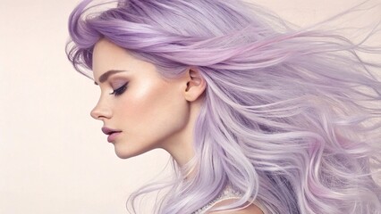 Fototapeta premium Woman with flowing pastel lavender hair in profile Side profile of a woman with long, pastel lavender hair blowing in the wind, representing elegance, creativity, and beauty trends. 