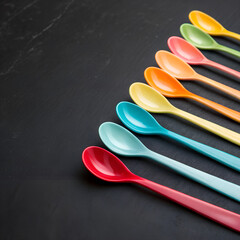 Colorful Plastic Spoons Arranged on Black Background