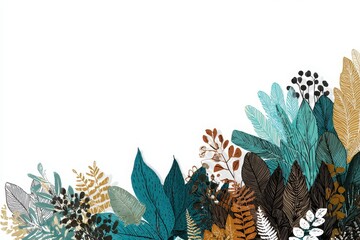 Colorful assortment of tropical leaves in various shapes and textures on a white background