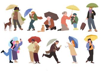 People holding umbrellas to protect from rain set vector illustration. Cartoon isolated man or woman walking in rainy weather, collection of various adult and child characters with wet parasols