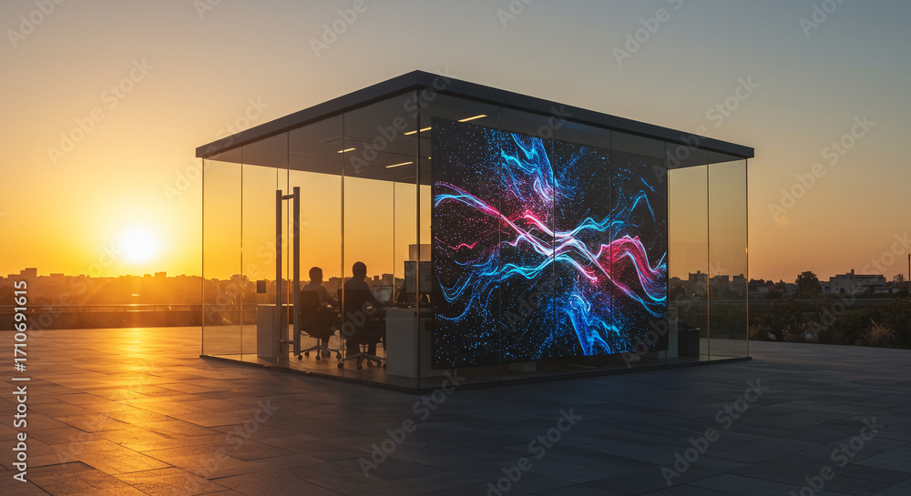 Poster modern architectural structure with a vibrant abstract digital art display illuminated at sunset wit