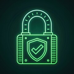 Glowing green neon digital lock icon with shield and checkmark on dark background