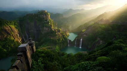Majestic landscape with ancient architecture waterfalls and lush vegetation background