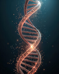 Glowing double helix D N A strand with sparkling particles on dark background