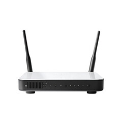 Front view of a white and black wireless router with two antennas