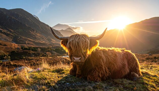 Highland cow at sunset in mountains - Powered by Adobe