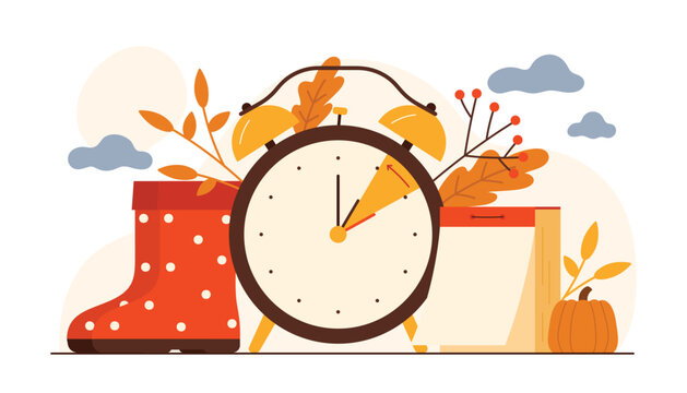 Fall back, daylight saving time ends vector illustration. Cartoon alarm clock and pumpkin, autumn boots and leaves, vintage calendar with empty date field, when hand of clock turns backwards