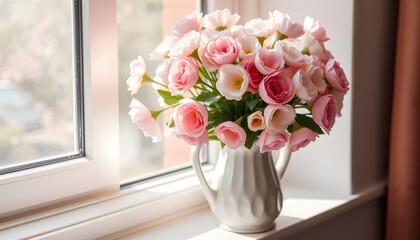 A beautiful bouquet of pink roses in a white ceramic vase, placed on a sunlit windowsill, creating a cozy atmosphere.