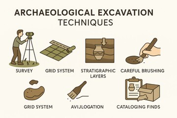 Archaeological excavation techniques, illustrating survey, gridding, and documentation processes