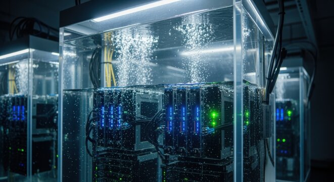 Interior view of a data center immersion cooling tank showcasing the interaction between electronics and the dielectric fluid for superior heat dissipation.