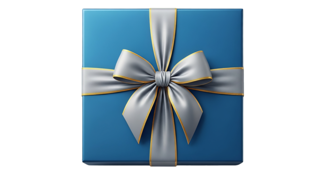 A beautifully wrapped blue gift box with a luxurious silver and gold ribbon on a black background.