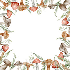 Watercolor Mushroom Frame with ferns and forest foliage. Illustration of square border template for autumn greeting cards or woodland posters. Drawing of fall Backdrop for invitations or backgrounds.