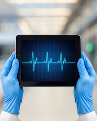 Hands in blue gloves hold tablet displaying bright blue electrocardiogram waveform