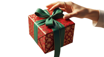 A hand delicately touches a red gift box adorned with a golden floral pattern and green ribbon.